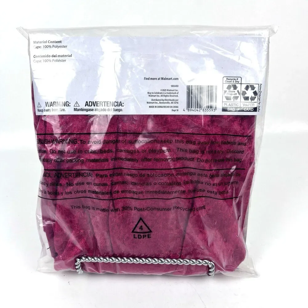 Red Velvet Hooded Cape Halloween Costume Adults Unisex 47in X 22in Themed Party